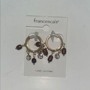 Francesca's Collections Gold Hoop Earrings with Brown Pearls and Clear Crystals
